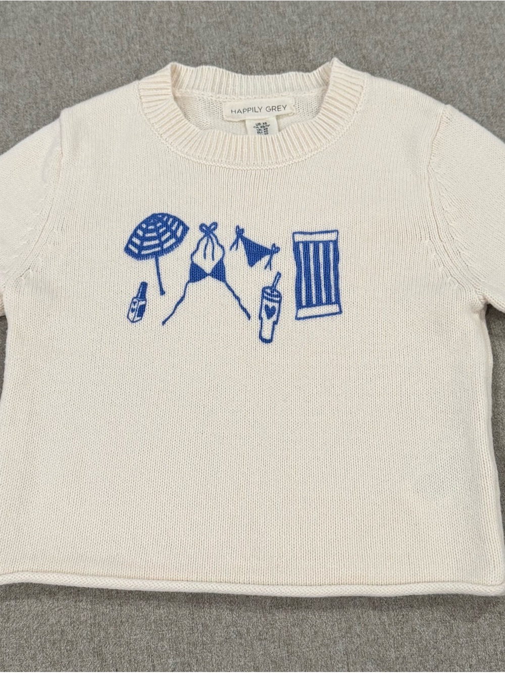 Like Brand New Happily Grey Cream Knit Sweater with Blue Beach Motif in XS
